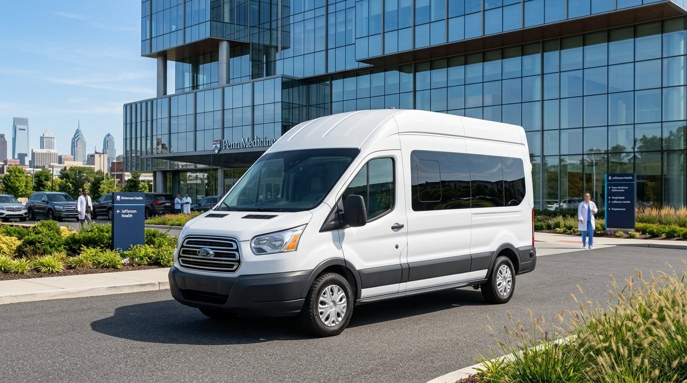 Tejeddine Direct Care Services Ford Transit high-roof accessible van parked outside Penn Medicine Philadelphia