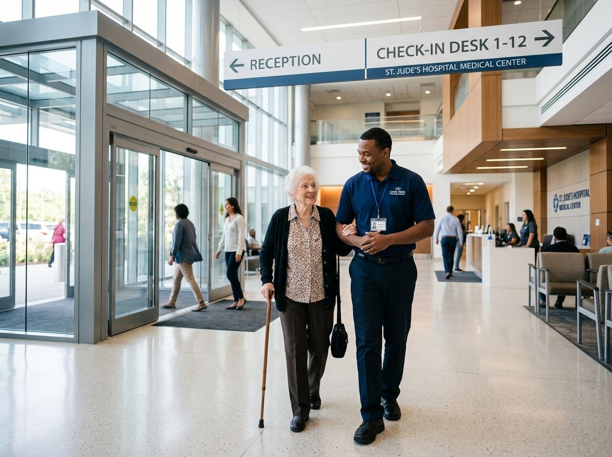 Driver warmly escorting a patient to the hospital check-in desk at Penn Medicine / Jefferson Health
