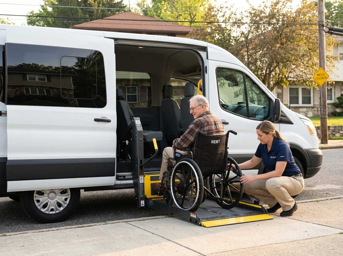 Compassionate NEMT driver assisting a passenger in a wheelchair onto the hydraulic lift ramp